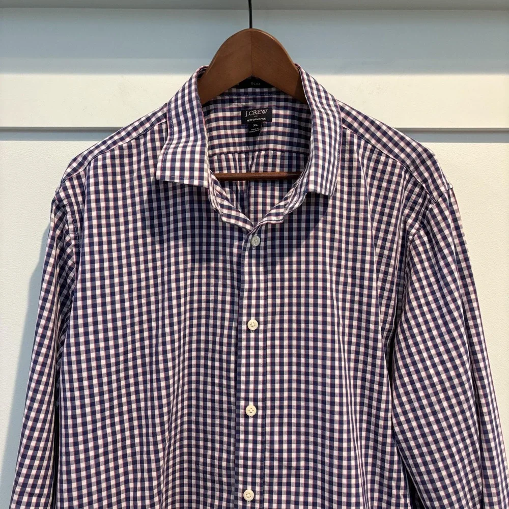 J.Crew Shirt Mens XL Extra‎ Large Blue Gingham Check Performance Slim AS989
